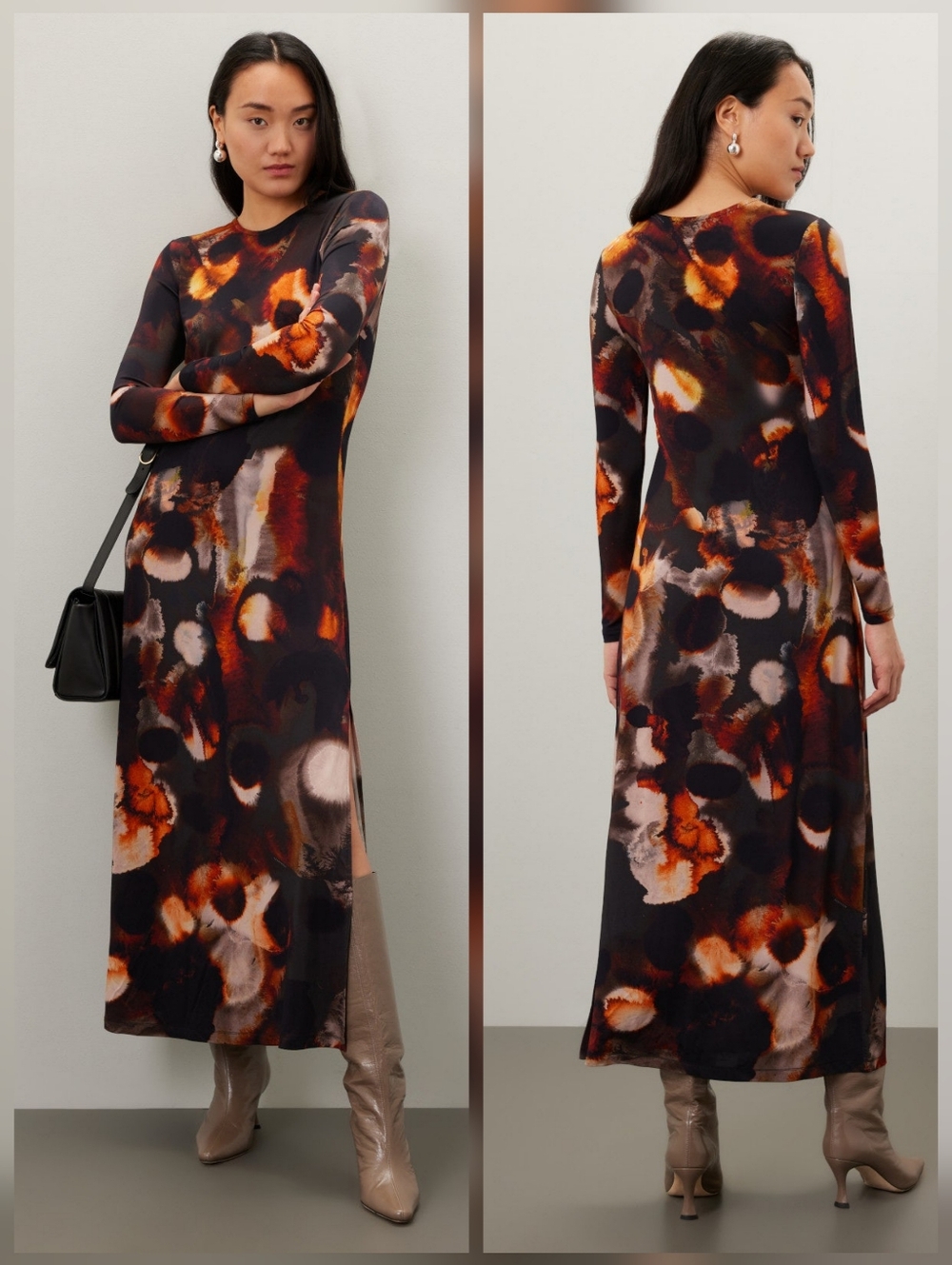 AllSaints Long Sleeve Abstract Print Maxi Dress in Black and Orange